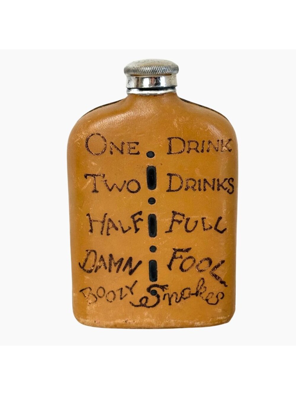 Vtg 1940s Leather Flask Drunk Scale Castle Rock St Ignace MI Souvenir Boozy Snak